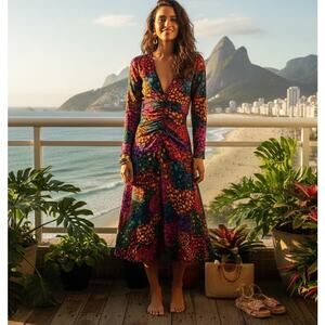 Farm Rio  Rainbow Hearts Ruched Long Sleeve Midi Dress